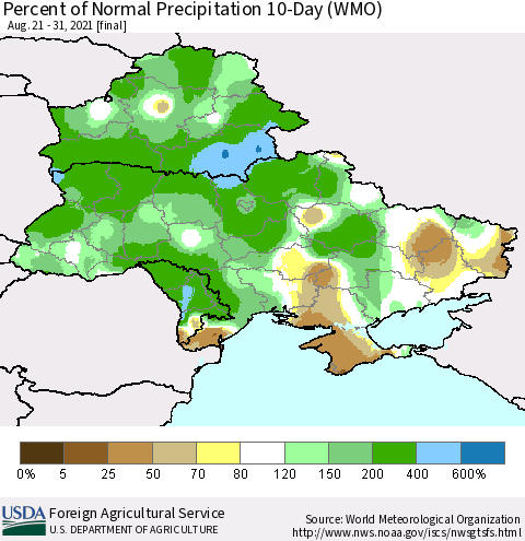 Ukraine, Moldova and Belarus Percent of Normal Precipitation 10-Day (WMO) Thematic Map For 8/21/2021 - 8/31/2021