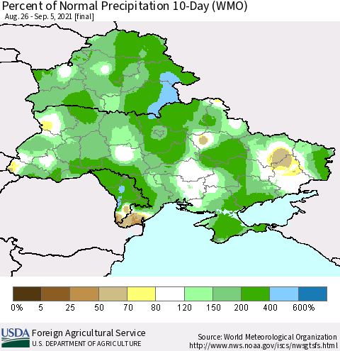 Ukraine, Moldova and Belarus Percent of Normal Precipitation 10-Day (WMO) Thematic Map For 8/26/2021 - 9/5/2021