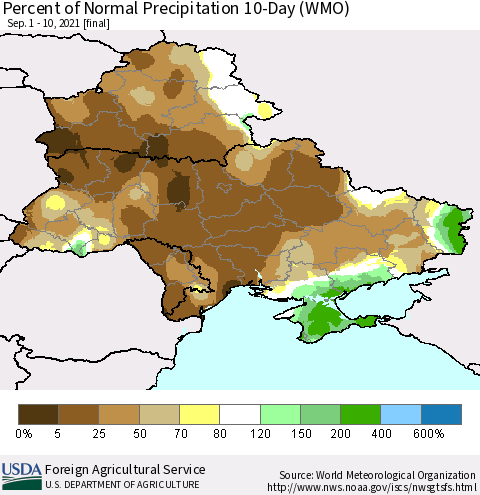 Ukraine, Moldova and Belarus Percent of Normal Precipitation 10-Day (WMO) Thematic Map For 9/1/2021 - 9/10/2021
