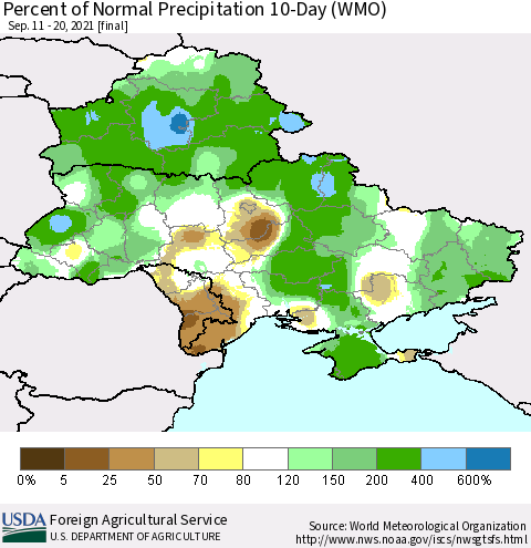 Ukraine, Moldova and Belarus Percent of Normal Precipitation 10-Day (WMO) Thematic Map For 9/11/2021 - 9/20/2021