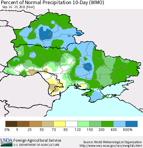 Ukraine, Moldova and Belarus Percent of Normal Precipitation 10-Day (WMO) Thematic Map For 9/16/2021 - 9/25/2021