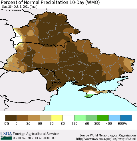 Ukraine, Moldova and Belarus Percent of Normal Precipitation 10-Day (WMO) Thematic Map For 9/26/2021 - 10/5/2021
