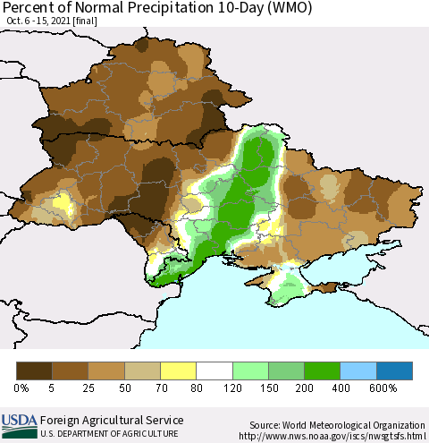 Ukraine, Moldova and Belarus Percent of Normal Precipitation 10-Day (WMO) Thematic Map For 10/6/2021 - 10/15/2021