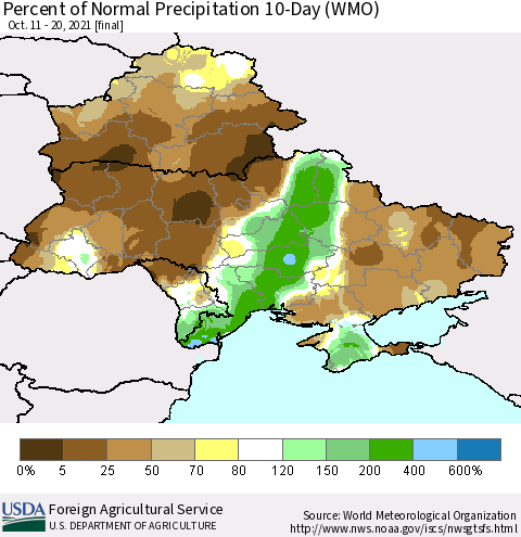 Ukraine, Moldova and Belarus Percent of Normal Precipitation 10-Day (WMO) Thematic Map For 10/11/2021 - 10/20/2021