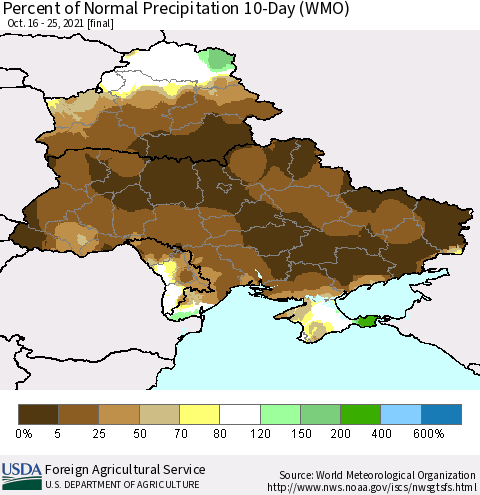 Ukraine, Moldova and Belarus Percent of Normal Precipitation 10-Day (WMO) Thematic Map For 10/16/2021 - 10/25/2021