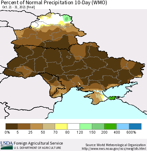 Ukraine, Moldova and Belarus Percent of Normal Precipitation 10-Day (WMO) Thematic Map For 10/21/2021 - 10/31/2021