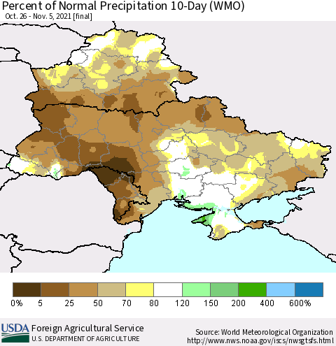 Ukraine, Moldova and Belarus Percent of Normal Precipitation 10-Day (WMO) Thematic Map For 10/26/2021 - 11/5/2021