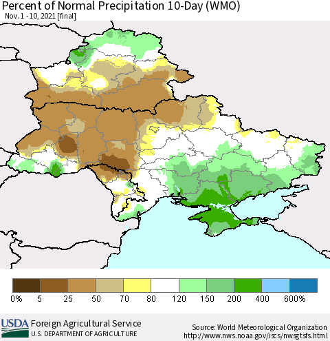 Ukraine, Moldova and Belarus Percent of Normal Precipitation 10-Day (WMO) Thematic Map For 11/1/2021 - 11/10/2021