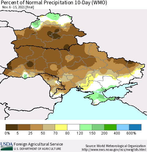 Ukraine, Moldova and Belarus Percent of Normal Precipitation 10-Day (WMO) Thematic Map For 11/6/2021 - 11/15/2021