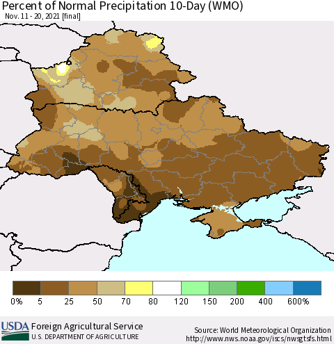 Ukraine, Moldova and Belarus Percent of Normal Precipitation 10-Day (WMO) Thematic Map For 11/11/2021 - 11/20/2021