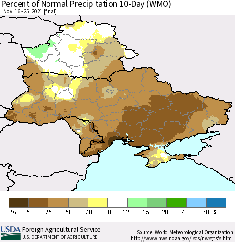 Ukraine, Moldova and Belarus Percent of Normal Precipitation 10-Day (WMO) Thematic Map For 11/16/2021 - 11/25/2021