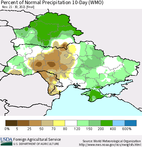 Ukraine, Moldova and Belarus Percent of Normal Precipitation 10-Day (WMO) Thematic Map For 11/21/2021 - 11/30/2021