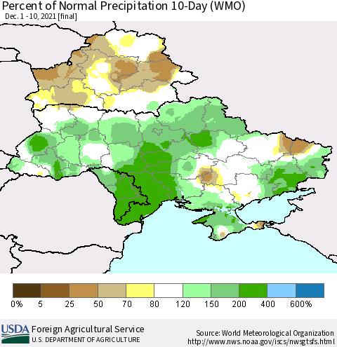 Ukraine, Moldova and Belarus Percent of Normal Precipitation 10-Day (WMO) Thematic Map For 12/1/2021 - 12/10/2021