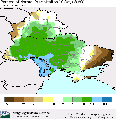 Ukraine, Moldova and Belarus Percent of Normal Precipitation 10-Day (WMO) Thematic Map For 12/6/2021 - 12/15/2021