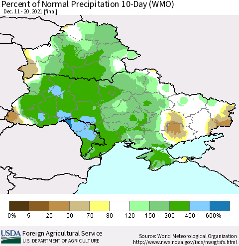 Ukraine, Moldova and Belarus Percent of Normal Precipitation 10-Day (WMO) Thematic Map For 12/11/2021 - 12/20/2021