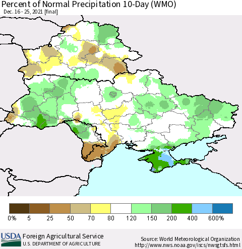 Ukraine, Moldova and Belarus Percent of Normal Precipitation 10-Day (WMO) Thematic Map For 12/16/2021 - 12/25/2021