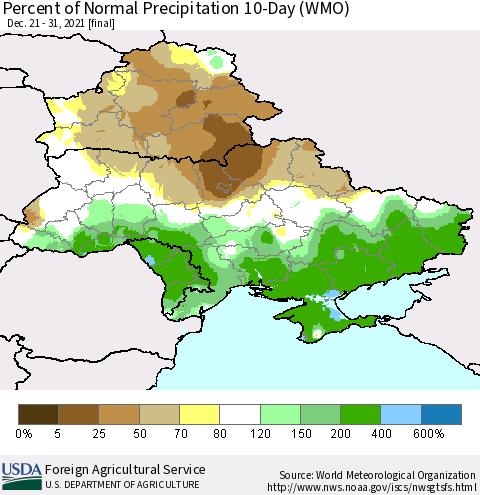 Ukraine, Moldova and Belarus Percent of Normal Precipitation 10-Day (WMO) Thematic Map For 12/21/2021 - 12/31/2021