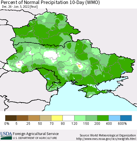 Ukraine, Moldova and Belarus Percent of Normal Precipitation 10-Day (WMO) Thematic Map For 12/26/2021 - 1/5/2022