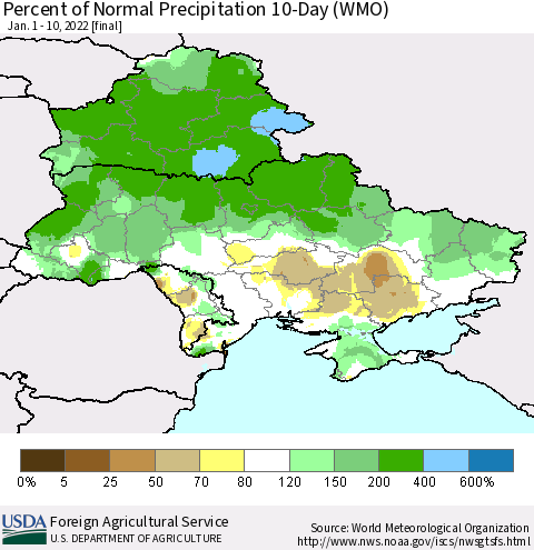 Ukraine, Moldova and Belarus Percent of Normal Precipitation 10-Day (WMO) Thematic Map For 1/1/2022 - 1/10/2022