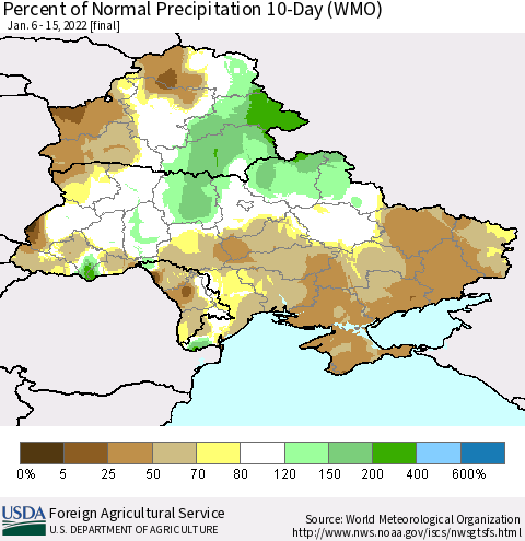 Ukraine, Moldova and Belarus Percent of Normal Precipitation 10-Day (WMO) Thematic Map For 1/6/2022 - 1/15/2022