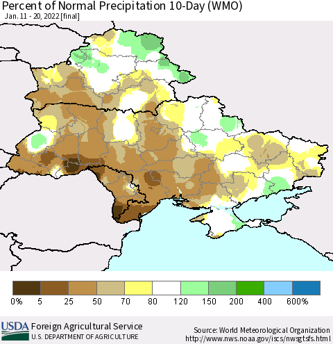 Ukraine, Moldova and Belarus Percent of Normal Precipitation 10-Day (WMO) Thematic Map For 1/11/2022 - 1/20/2022