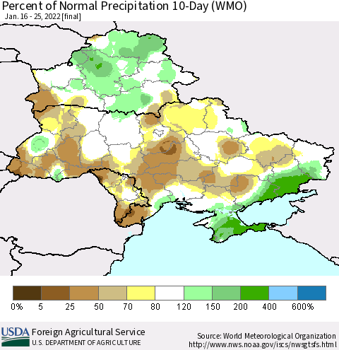 Ukraine, Moldova and Belarus Percent of Normal Precipitation 10-Day (WMO) Thematic Map For 1/16/2022 - 1/25/2022