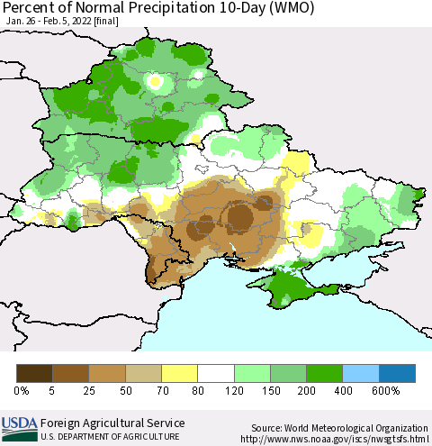 Ukraine, Moldova and Belarus Percent of Normal Precipitation 10-Day (WMO) Thematic Map For 1/26/2022 - 2/5/2022