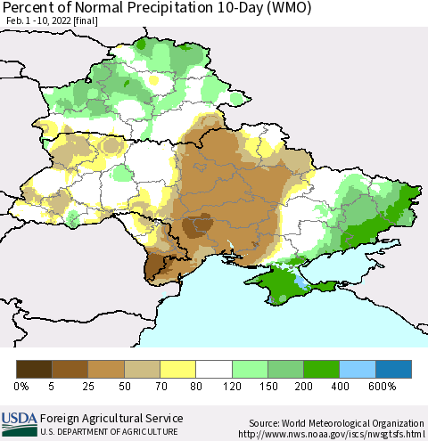 Ukraine, Moldova and Belarus Percent of Normal Precipitation 10-Day (WMO) Thematic Map For 2/1/2022 - 2/10/2022
