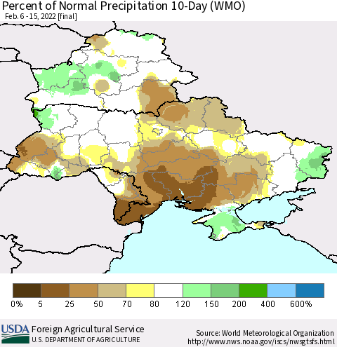 Ukraine, Moldova and Belarus Percent of Normal Precipitation 10-Day (WMO) Thematic Map For 2/6/2022 - 2/15/2022
