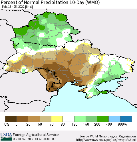 Ukraine, Moldova and Belarus Percent of Normal Precipitation 10-Day (WMO) Thematic Map For 2/16/2022 - 2/25/2022