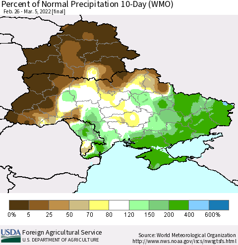 Ukraine, Moldova and Belarus Percent of Normal Precipitation 10-Day (WMO) Thematic Map For 2/26/2022 - 3/5/2022