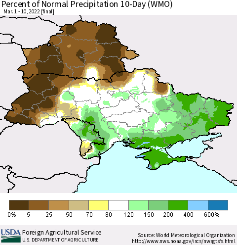 Ukraine, Moldova and Belarus Percent of Normal Precipitation 10-Day (WMO) Thematic Map For 3/1/2022 - 3/10/2022
