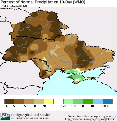 Ukraine, Moldova and Belarus Percent of Normal Precipitation 10-Day (WMO) Thematic Map For 3/6/2022 - 3/15/2022