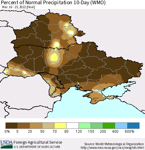 Ukraine, Moldova and Belarus Percent of Normal Precipitation 10-Day (WMO) Thematic Map For 3/16/2022 - 3/25/2022