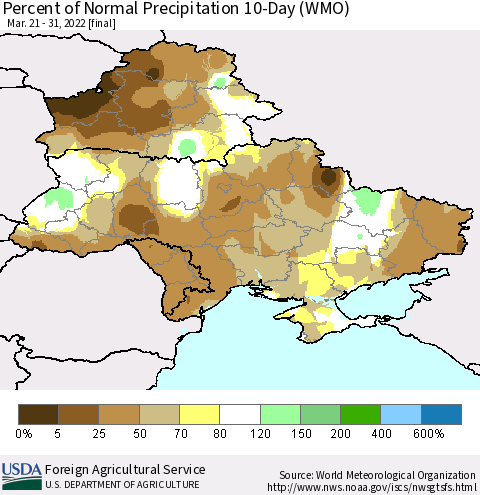 Ukraine, Moldova and Belarus Percent of Normal Precipitation 10-Day (WMO) Thematic Map For 3/21/2022 - 3/31/2022