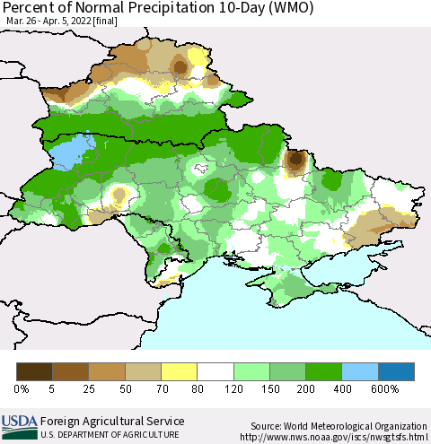 Ukraine, Moldova and Belarus Percent of Normal Precipitation 10-Day (WMO) Thematic Map For 3/26/2022 - 4/5/2022