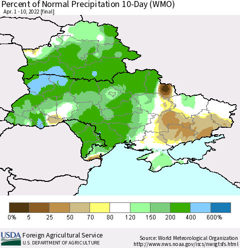 Ukraine, Moldova and Belarus Percent of Normal Precipitation 10-Day (WMO) Thematic Map For 4/1/2022 - 4/10/2022
