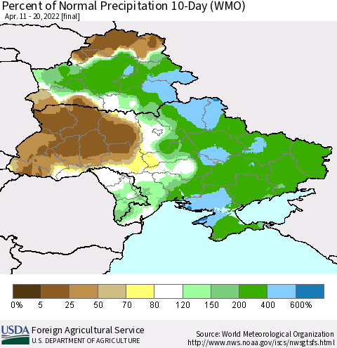 Ukraine, Moldova and Belarus Percent of Normal Precipitation 10-Day (WMO) Thematic Map For 4/11/2022 - 4/20/2022