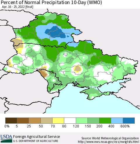 Ukraine, Moldova and Belarus Percent of Normal Precipitation 10-Day (WMO) Thematic Map For 4/16/2022 - 4/25/2022