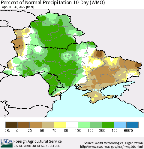 Ukraine, Moldova and Belarus Percent of Normal Precipitation 10-Day (WMO) Thematic Map For 4/21/2022 - 4/30/2022