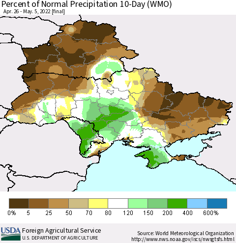 Ukraine, Moldova and Belarus Percent of Normal Precipitation 10-Day (WMO) Thematic Map For 4/26/2022 - 5/5/2022