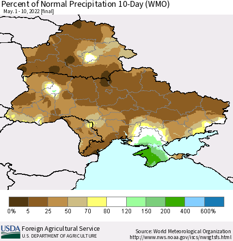 Ukraine, Moldova and Belarus Percent of Normal Precipitation 10-Day (WMO) Thematic Map For 5/1/2022 - 5/10/2022
