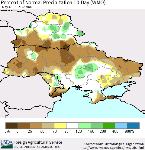 Ukraine, Moldova and Belarus Percent of Normal Precipitation 10-Day (WMO) Thematic Map For 5/6/2022 - 5/15/2022