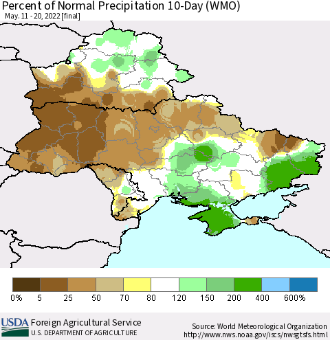 Ukraine, Moldova and Belarus Percent of Normal Precipitation 10-Day (WMO) Thematic Map For 5/11/2022 - 5/20/2022