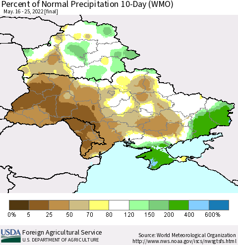 Ukraine, Moldova and Belarus Percent of Normal Precipitation 10-Day (WMO) Thematic Map For 5/16/2022 - 5/25/2022