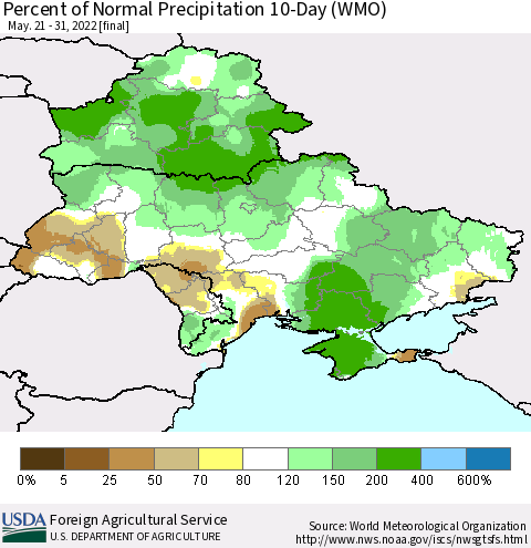 Ukraine, Moldova and Belarus Percent of Normal Precipitation 10-Day (WMO) Thematic Map For 5/21/2022 - 5/31/2022