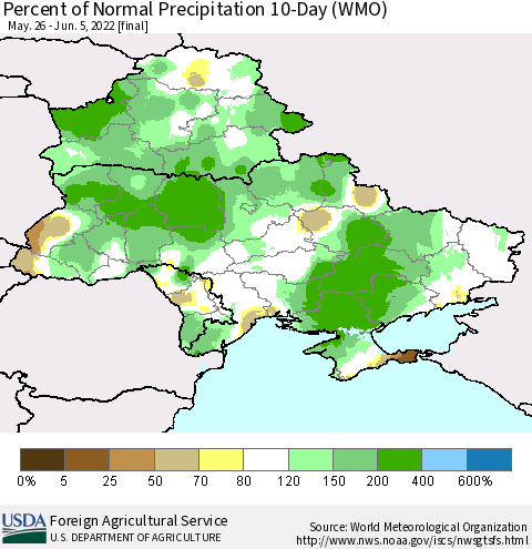Ukraine, Moldova and Belarus Percent of Normal Precipitation 10-Day (WMO) Thematic Map For 5/26/2022 - 6/5/2022