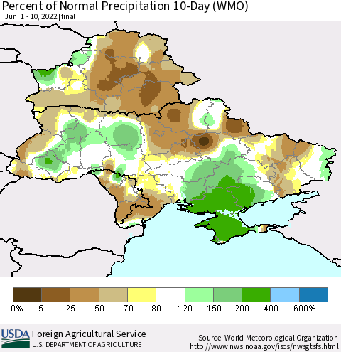 Ukraine, Moldova and Belarus Percent of Normal Precipitation 10-Day (WMO) Thematic Map For 6/1/2022 - 6/10/2022