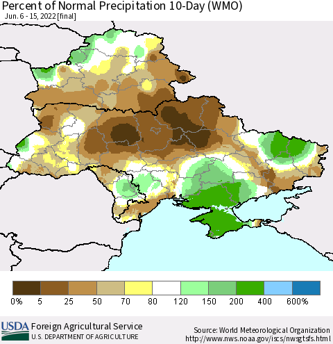 Ukraine, Moldova and Belarus Percent of Normal Precipitation 10-Day (WMO) Thematic Map For 6/6/2022 - 6/15/2022