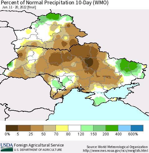 Ukraine, Moldova and Belarus Percent of Normal Precipitation 10-Day (WMO) Thematic Map For 6/11/2022 - 6/20/2022